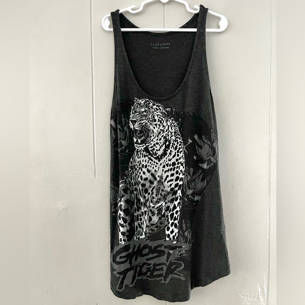 All Saints Ghost Tiger Graphic Tank Top Charcoal Gray Scoop Neck Woman’s Sz XS